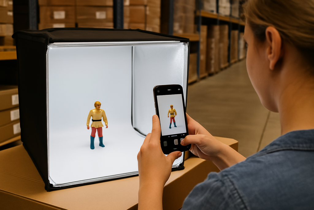 action figure getting photographed in a Lightbox for an e-commerce listing