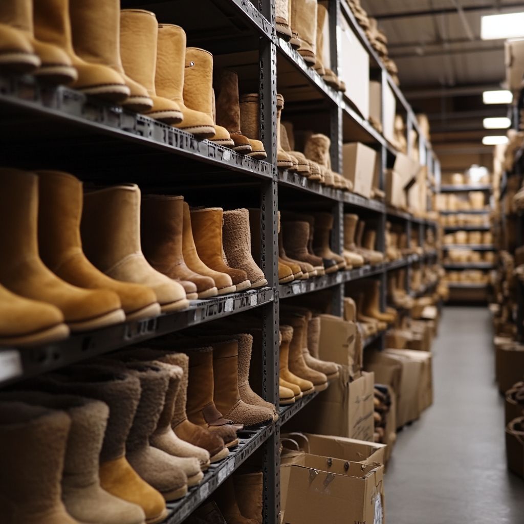 Tan winter boots on a shelf in a warehouse