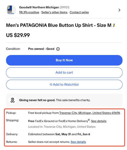 Pickup, shipping, delivery, and return information on an eBay listing