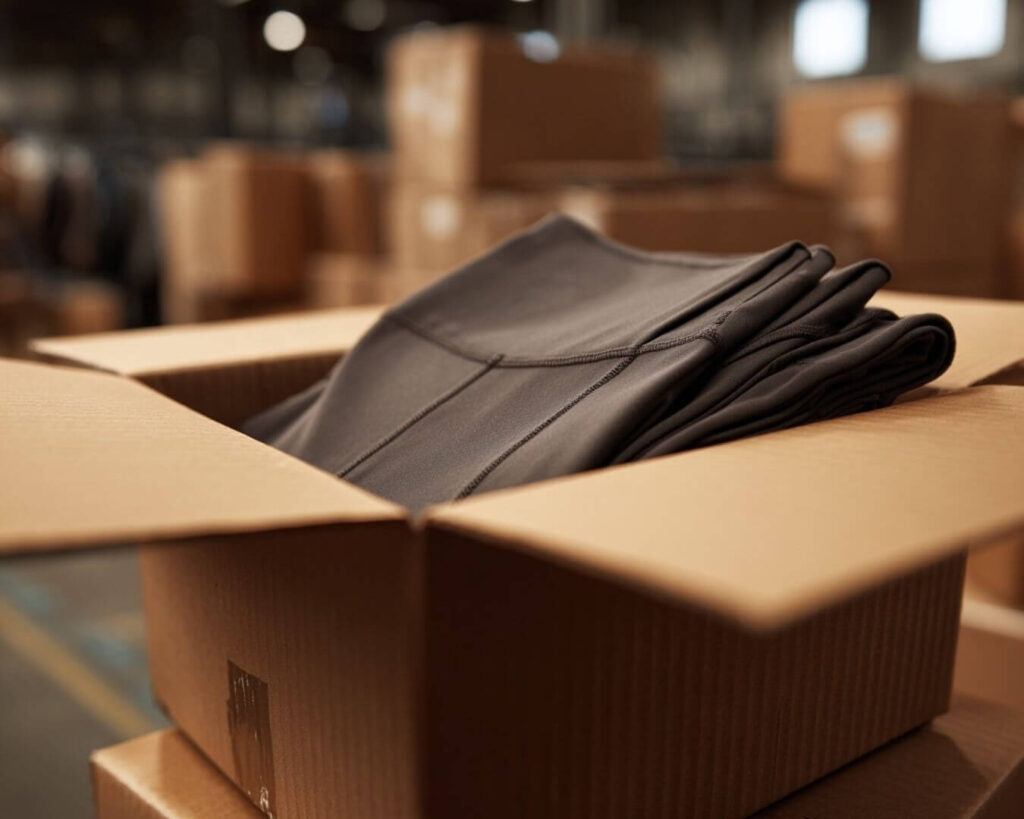 Box of leggings ready to ship in a secondhand e-commerce warehouse