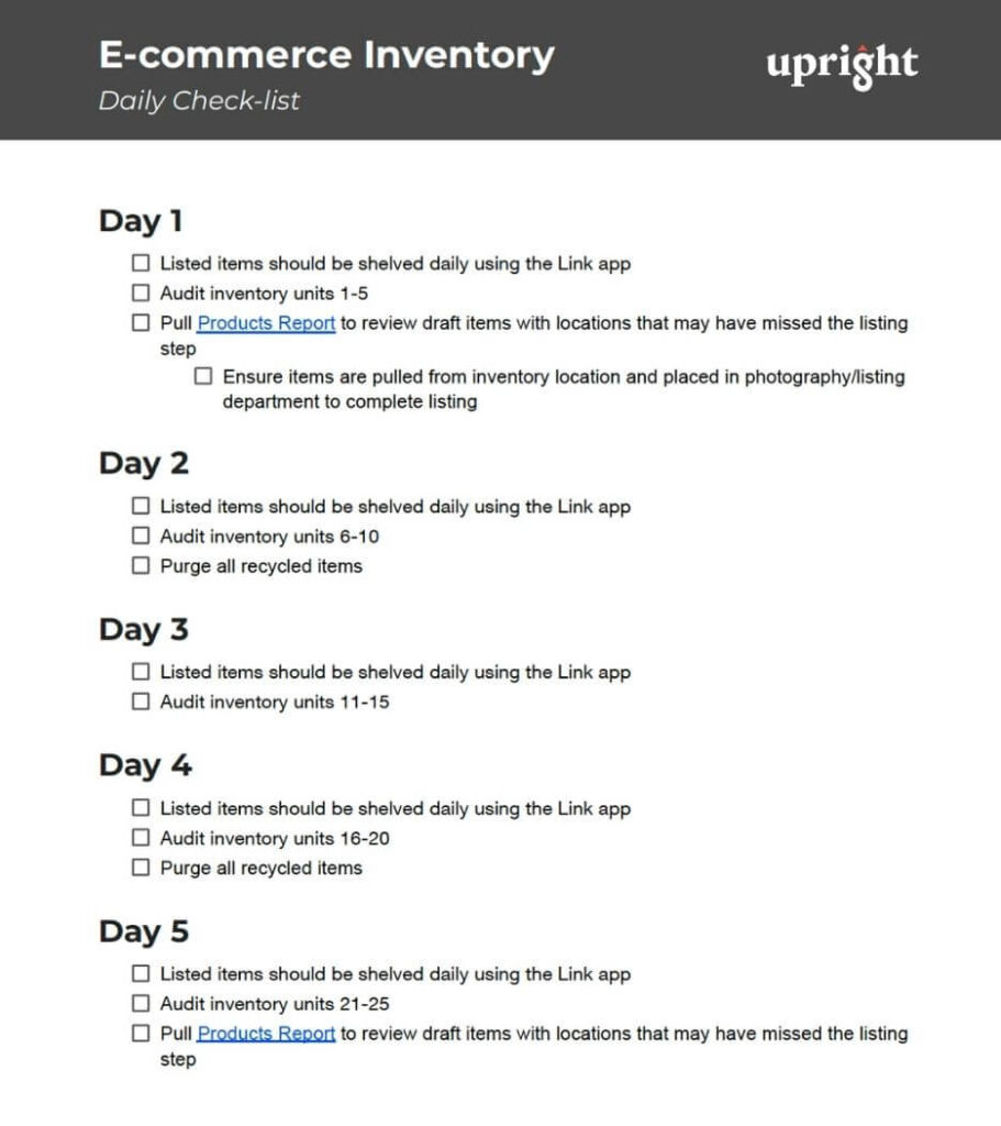 E-commerce inventory daily check-list from Upright Labs